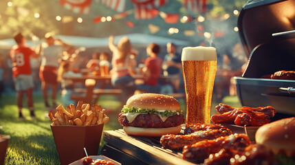 A tailgate barbecue with friends, burgers, wings, and beers, surrounded by a group of excited fans before a game.
