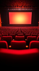 Fototapeta premium Empty red seats in an auditorium with a large blank screen.
