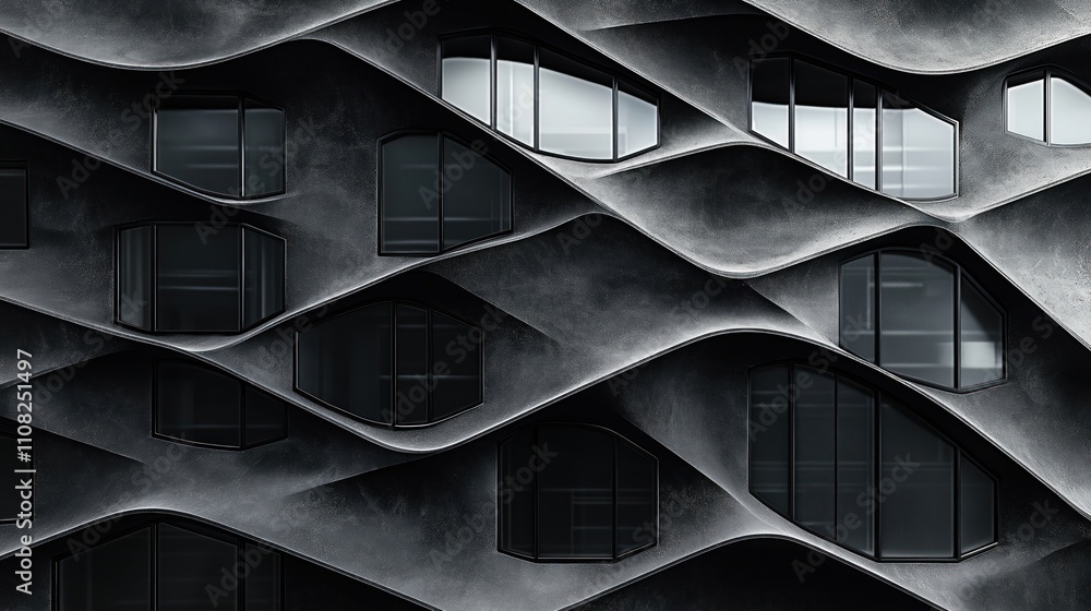 Aufkleber Modern building facade with wavy dark gray textured surface. Abstract architecture design with irregular shaped windows. Dark color scheme creates striking visual effect. Structure innovative design