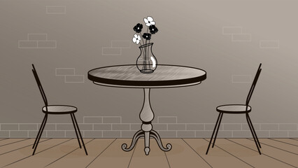 Minimalist illustration of a cozy cafe interior with a round wooden table, two chairs, and a vase of flowers on a textured wall background. Warm tones and simple lines create a calm atmosphere.