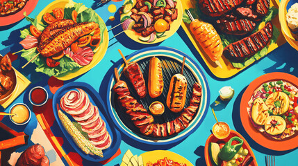 A vibrant barbecue feast featuring international dishes, spices, and colorful plates.
