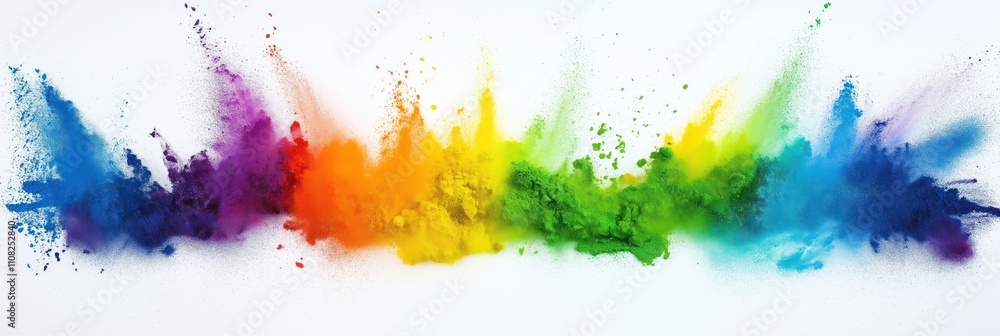 Poster rainbow colored powder explosion on white background. vibrant colors create dynamic effect. impressi