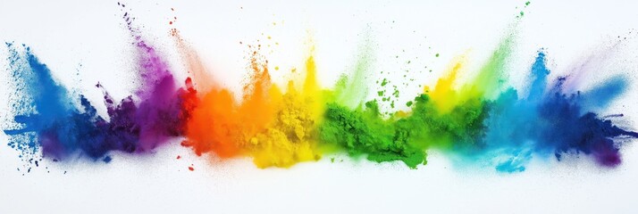 Fototapeta premium Rainbow colored powder explosion on white background. Vibrant colors create dynamic effect. Impressionist style collages with primary colors like light blue, green. Modern art style. Suitable for