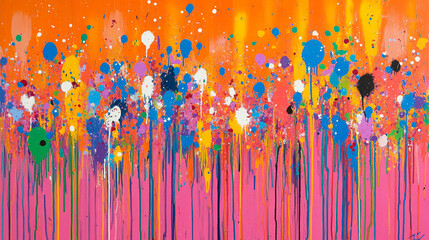 Fototapeta premium Vibrant Abstract Painting Colorful Splashes Drips on Pink Orange
