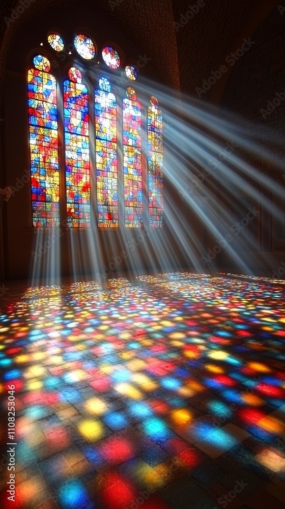 Poster light streams through stained glass windows in a church, creating a colorful pattern on the floor.