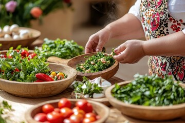 Obraz premium Fresh Herbs and Ingredients on a Wooden Table for Healthy Cooking
