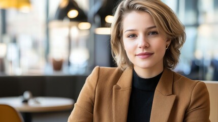 Obraz premium Young Woman in Brown Blazer Smiling in Modern Coffee Shop Setting