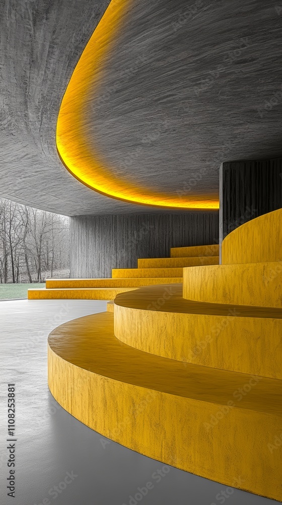 Poster modern architecture with a curved wooden ceiling and yellow wooden steps in a minimalist open space.