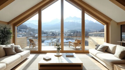 Fototapeta premium Mountain View from Modern Chalet Interior