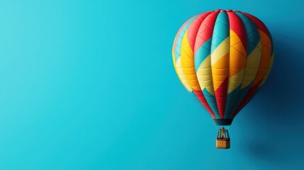 A vibrant hot air balloon floating against a bright blue background, symbolizing adventure and freedom.