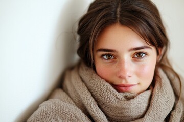 Young Woman with Cozy Scarf and Natural Makeup, Soft Light Portrait