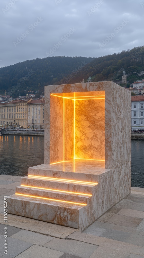 Poster modern minimalist stone structure with warm light and steps leading to an illuminated inner space.