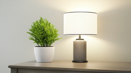 Cozy Home Interior with Modern Lamp and Lush Green Plant Decoration