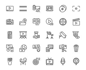 Simple video and related things such camera, recorder, theater, popcorn, videography and movie equipment technology concept, editable stroke, 48x48 pixel perfect icon for ux, ux, media, web, mobile