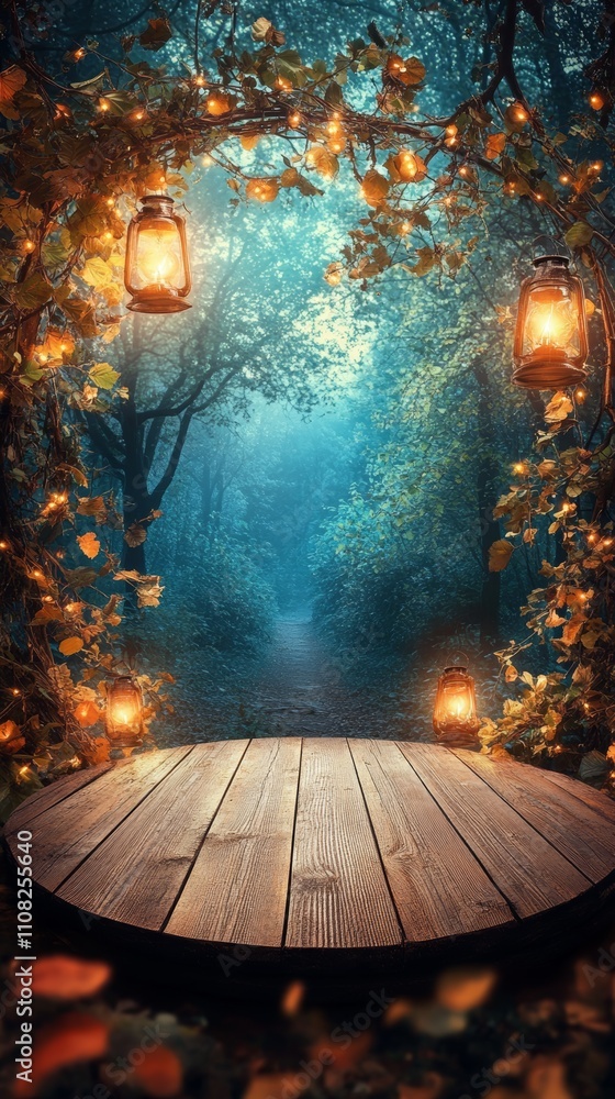 Poster mystical forest path with lanterns and a wooden table for product display.