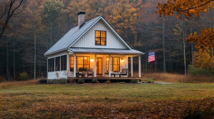 Obraz premium Cozy Cabin in Autumn Forest