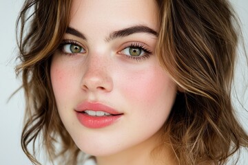 Naklejka premium Close-Up of a Beautiful Young Woman with Natural Makeup and Green Eyes