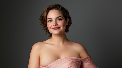 Fototapeta premium Elegant Portrait of Woman in Soft Pink Dress Against Dark Background