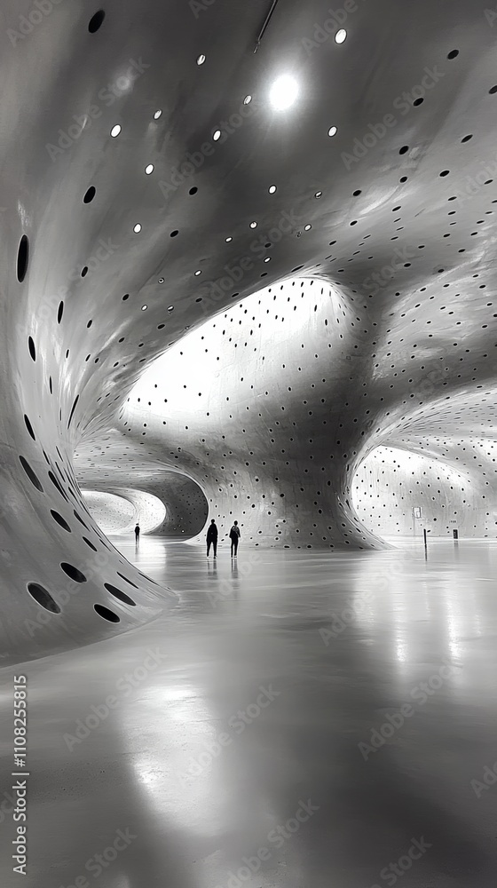 Poster people walking through a modern, futuristic, and abstract architecture structure with a metallic, pe
