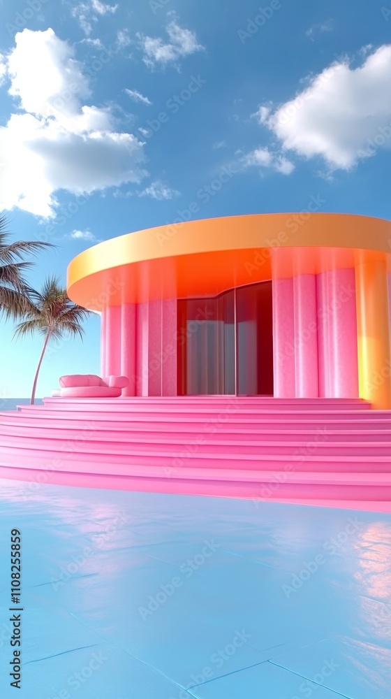 Poster pink and orange modern architecture with a pool and palm trees in front of a blue sky with white clo