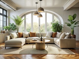 Fototapeta premium Candid Photo: Modern Minimalist Living Room, Curved Sofa, Neutral Tones, Interior Design