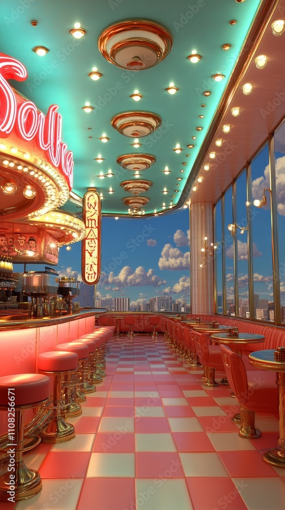 Aufkleber retro diner with red booths and a checkered floor, featuring a neon sign and large windows with a ci