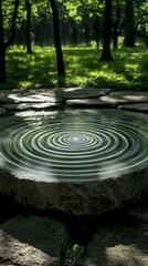 Ripples in a circular stone basin in a lush, green forest.