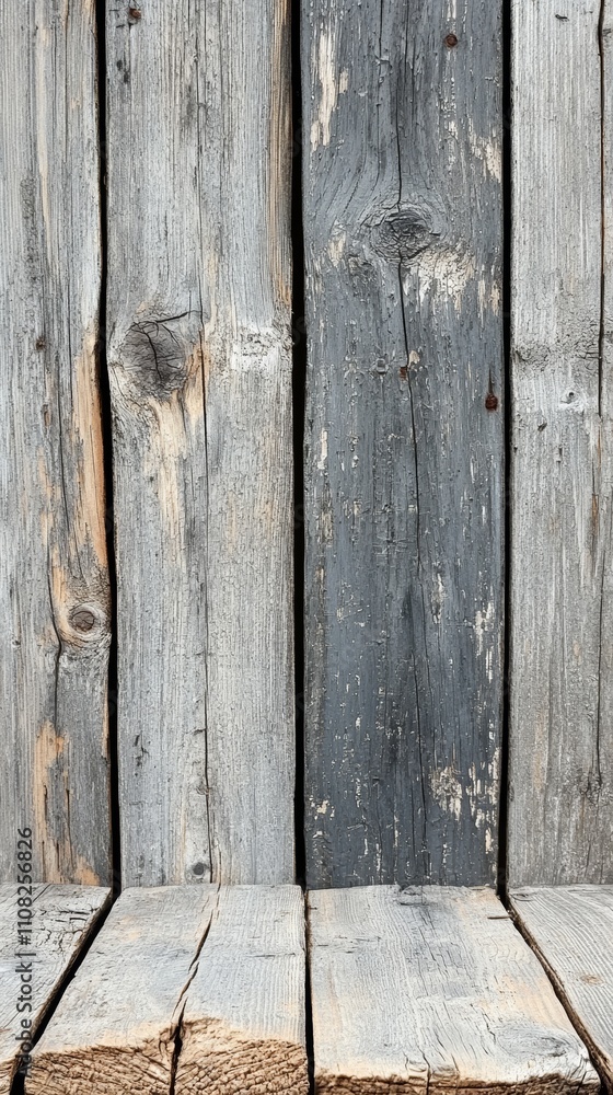 Poster rustic weathered wooden planks with a ledge at the bottom, perfect for displaying products or adding