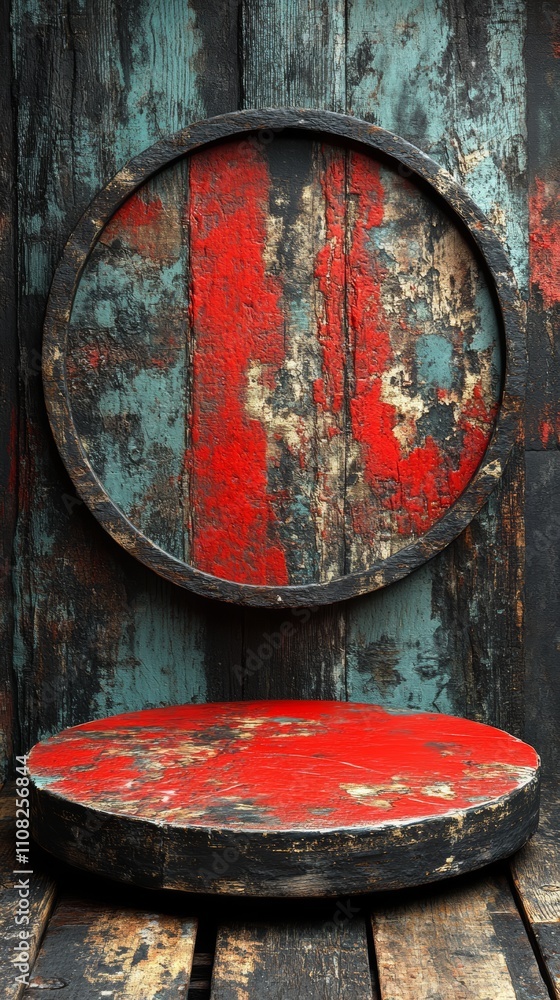 Poster rustic wooden round platform with a circle frame on weathered wood background.