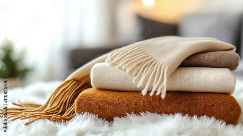 Poster cozy blankets and soft throws stacked on a plush surface