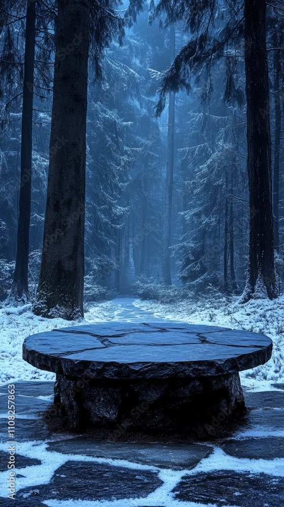 Poster stone table in a snowy forest with a path leading into the misty distance.