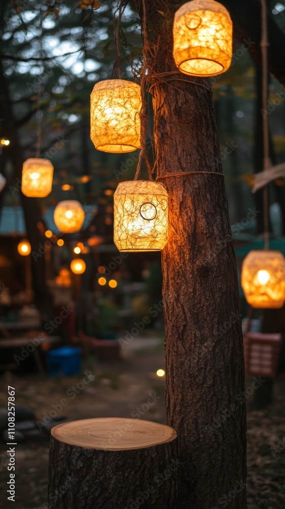 Poster string lights illuminate a tree trunk in a rustic woodland setting.