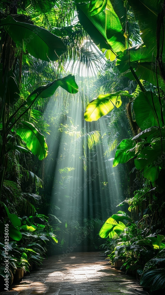 Poster sunbeams illuminate a path through a lush green forest, creating a magical and peaceful atmosphere.