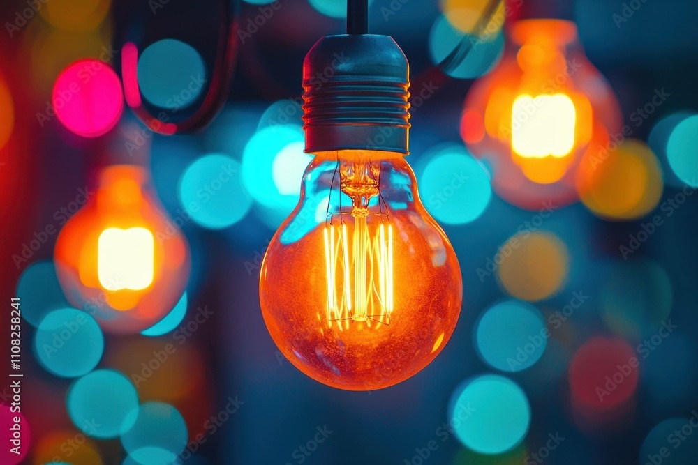 Poster warm glowing vintage light bulb against a colorful bokeh background, creating a cozy and inviting at