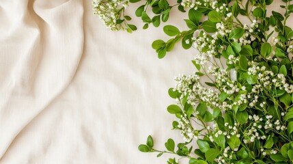 Fresh Greenery and White Flowers on Soft Fabric Background