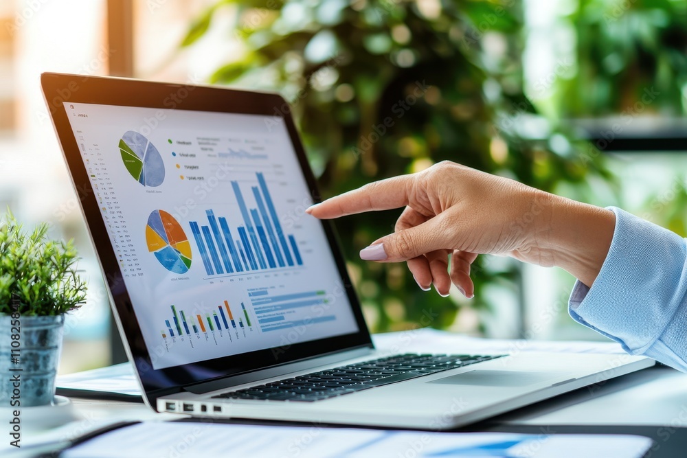Poster business analysis with charts and graphs on laptop in office