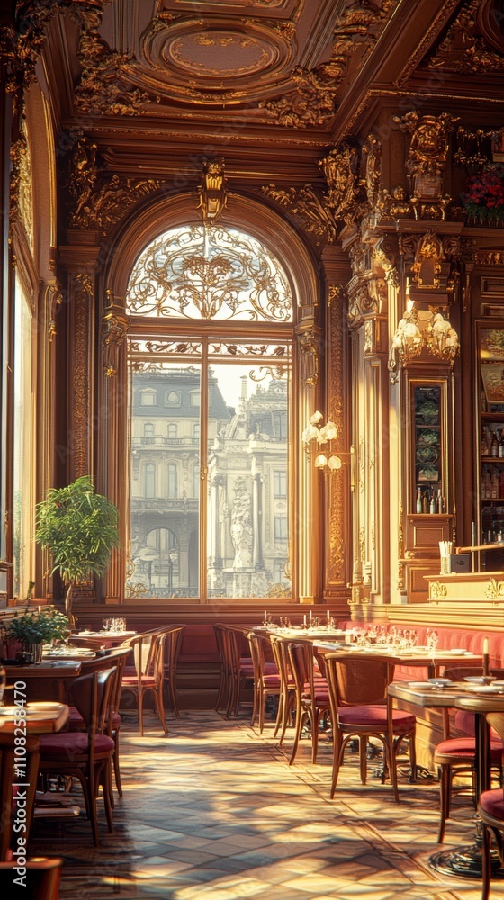 Poster sunlight streams through a large arched window in a parisian cafe, illuminating the ornate interior 