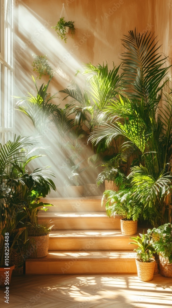 Poster sunlight streams through a window and illuminates a set of stairs with potted plants on each side.