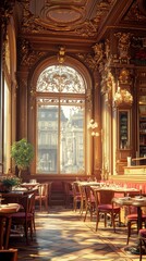 Fototapeta premium Sunlight streams through a large arched window in a Parisian cafe, illuminating the ornate interior and tables set for patrons.