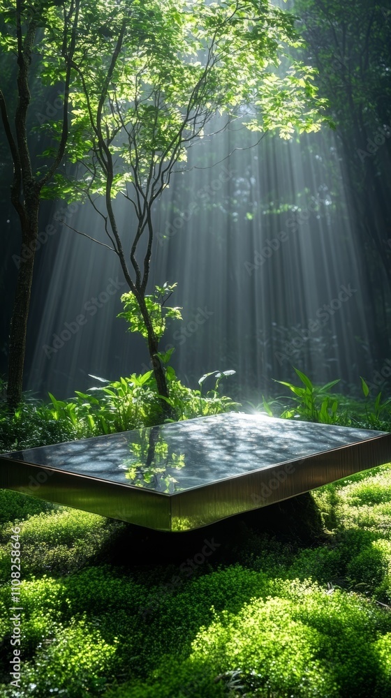 Poster sunlight streams through the leaves of a tree, illuminating a square platform in a lush green forest