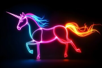 Fototapeta premium Neon unicorn balloon animal silhouette isolated on black background.