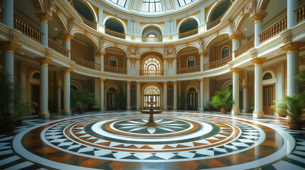 Obraz premium Grand atrium and ornate hall with a central fountain, showcasing intricate tilework and elegant columns.