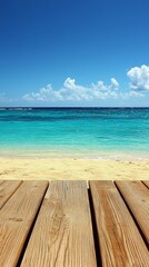 Fototapeta premium Wooden planks leading to a calm blue ocean with a sandy beach in the foreground.