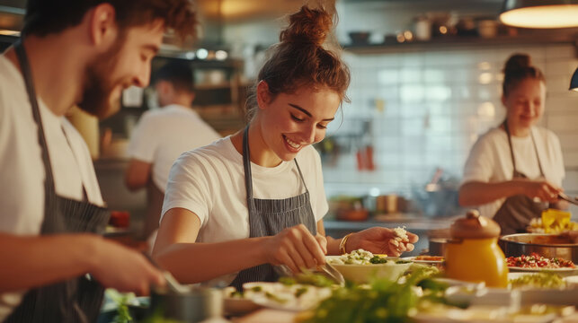 Culinary team in action: group preparing meals in a cozy kitchen