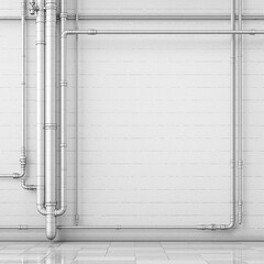 White concrete wall with industrial-style pipes and fittings, functional design, utilitarian aesthetic