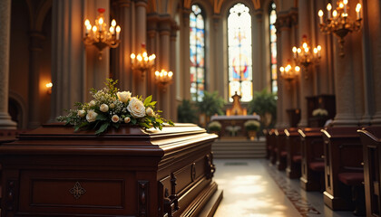 Fototapeta premium Floral arrangement on a coffin in a beautifully lit chapel with stained glass windows