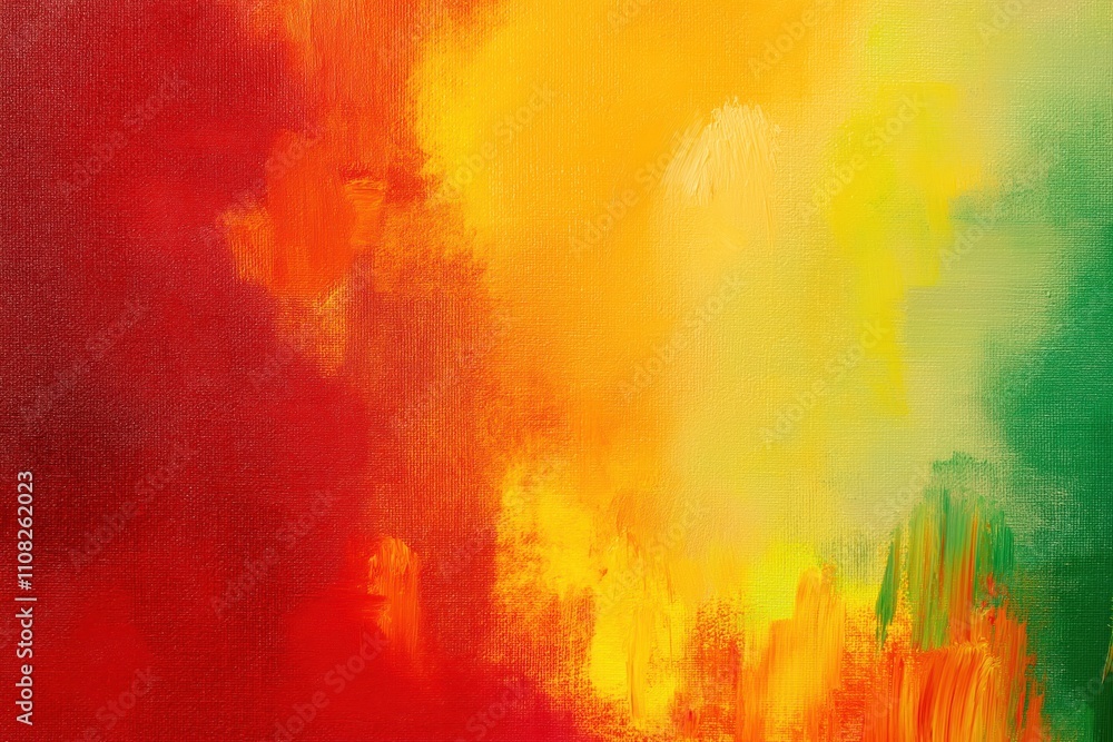 Poster abstract painting with vibrant red yellow, green colors. orange tones blend colors smoothly. canvas 