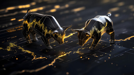 Fototapeta premium Digital Bull and Bear: Stock Market Trends in Black and Gold