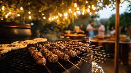 An open-air grill pavilion serving marinated kebabs, grilled mushrooms, and pita bread, surrounded by fairy lights and guests enjoying live acoustic music.