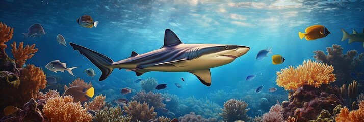 Shark swims through vibrant coral reef. Colorful fish surround predator. Underwater scene shows marine life diversity. Ocean ecosystem teeming with various fish species. Stunning marine life